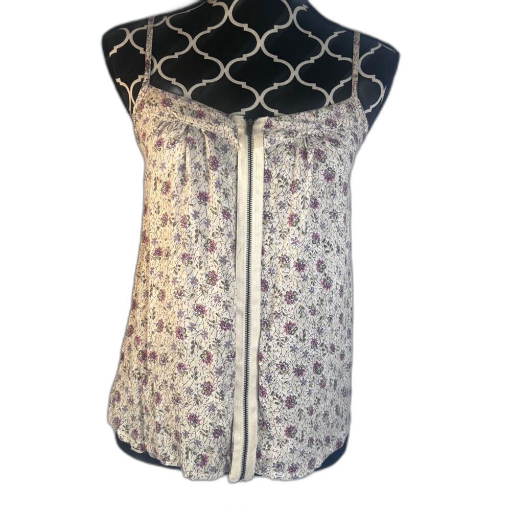 Poetry Cream Floral Print Spaghetti Strap Full Zip Front Tank Blouse Size Medium